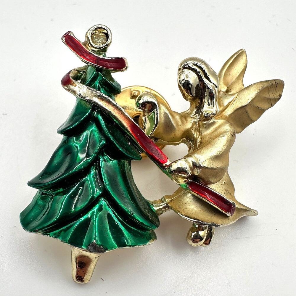 Vintage 90s Giusti Angel Christmas Tree Pin Brooch Gold Tone Enamel Jewelry Y2K
